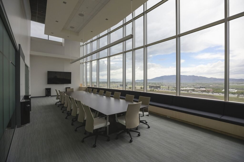 table, chairs, room, windows, glass, architecture, building, establishment, office, interior, gray office, gray building, gray window, gray room, gray table, gray glass, gray glasses, gray interior, office, office, office, office, office